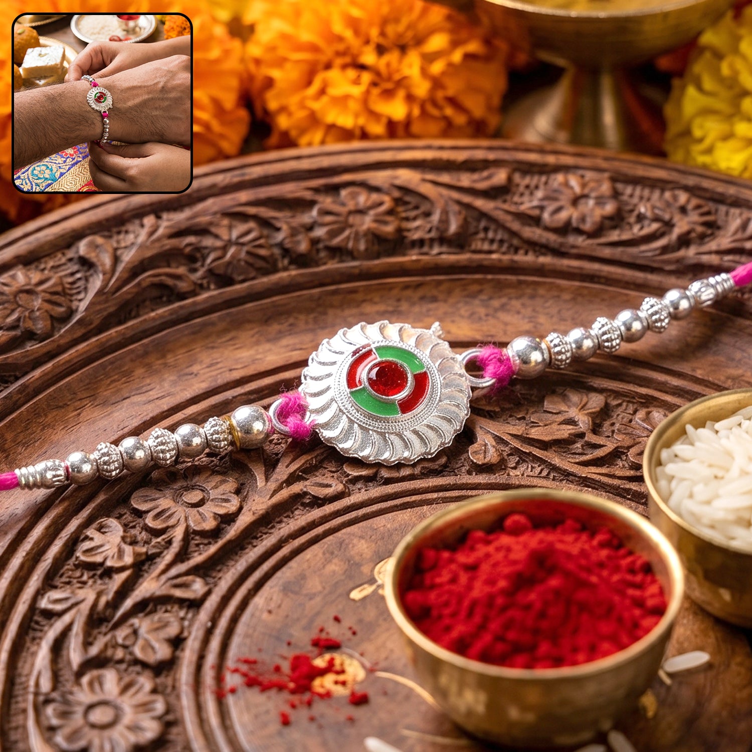 Silver Round Floral Rakhi with Red Stone and Pink Beads