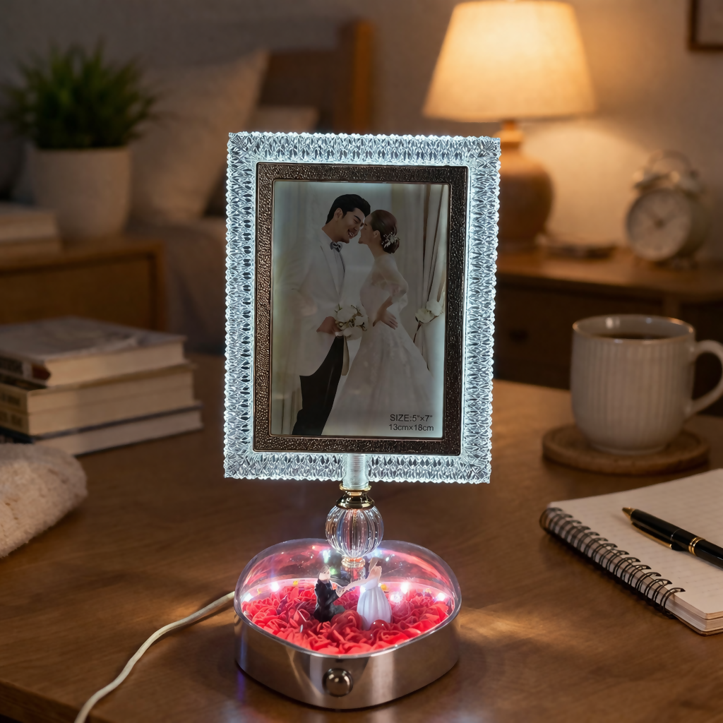 LED Crystal Photo Frame Lamp with Couple Figurine Base Decor
