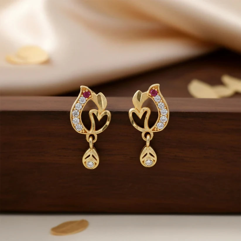 Gold heart drop earrings with ruby stone and crystal accents