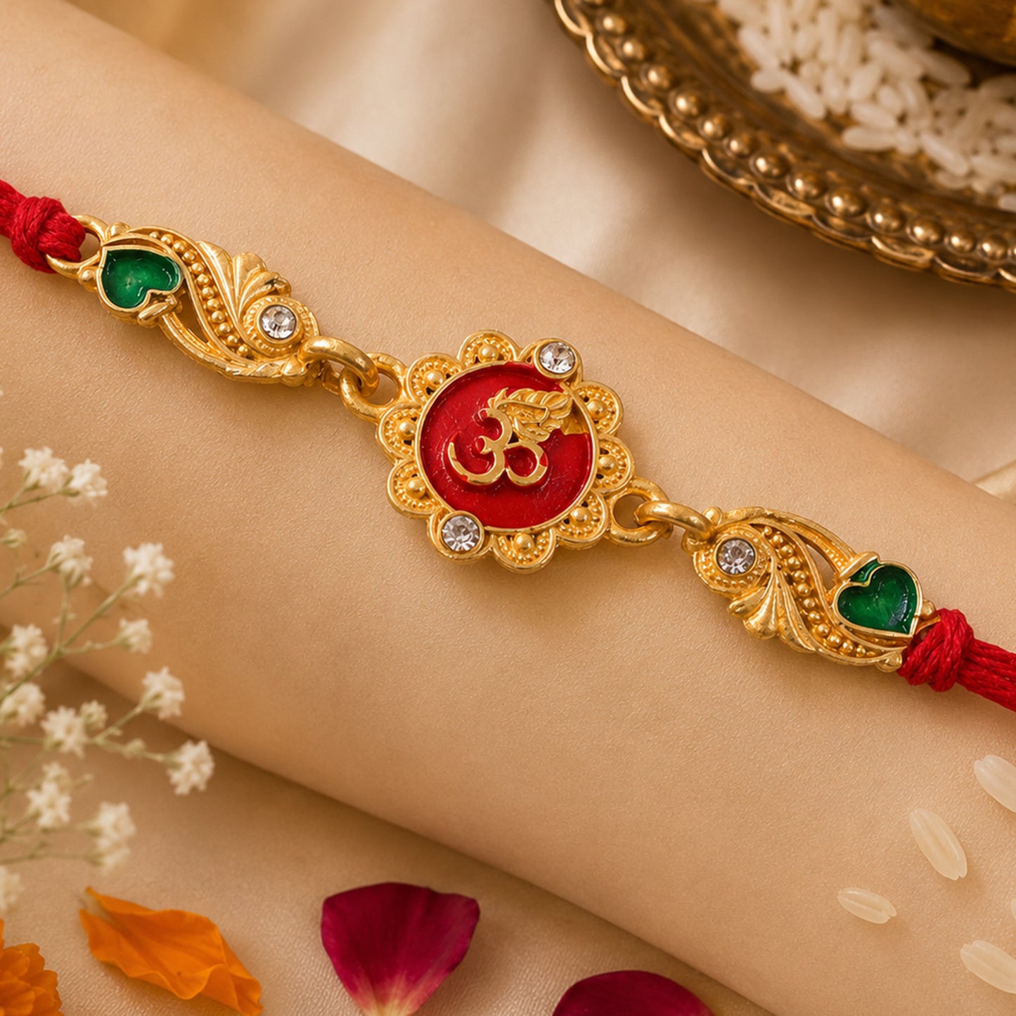 Elegant Rakhi featuring Om Plaque, crystal accents and thread style for Gift Styling