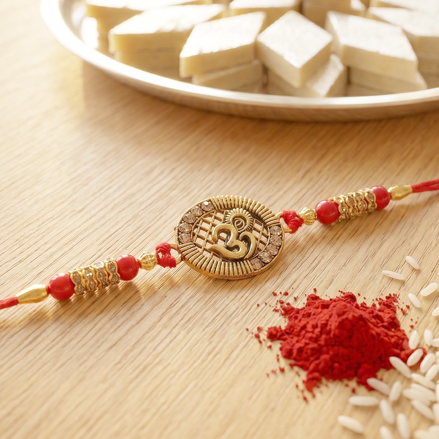 Antique Om Coin Rakhi with Rudraksha Beads and Red Thread