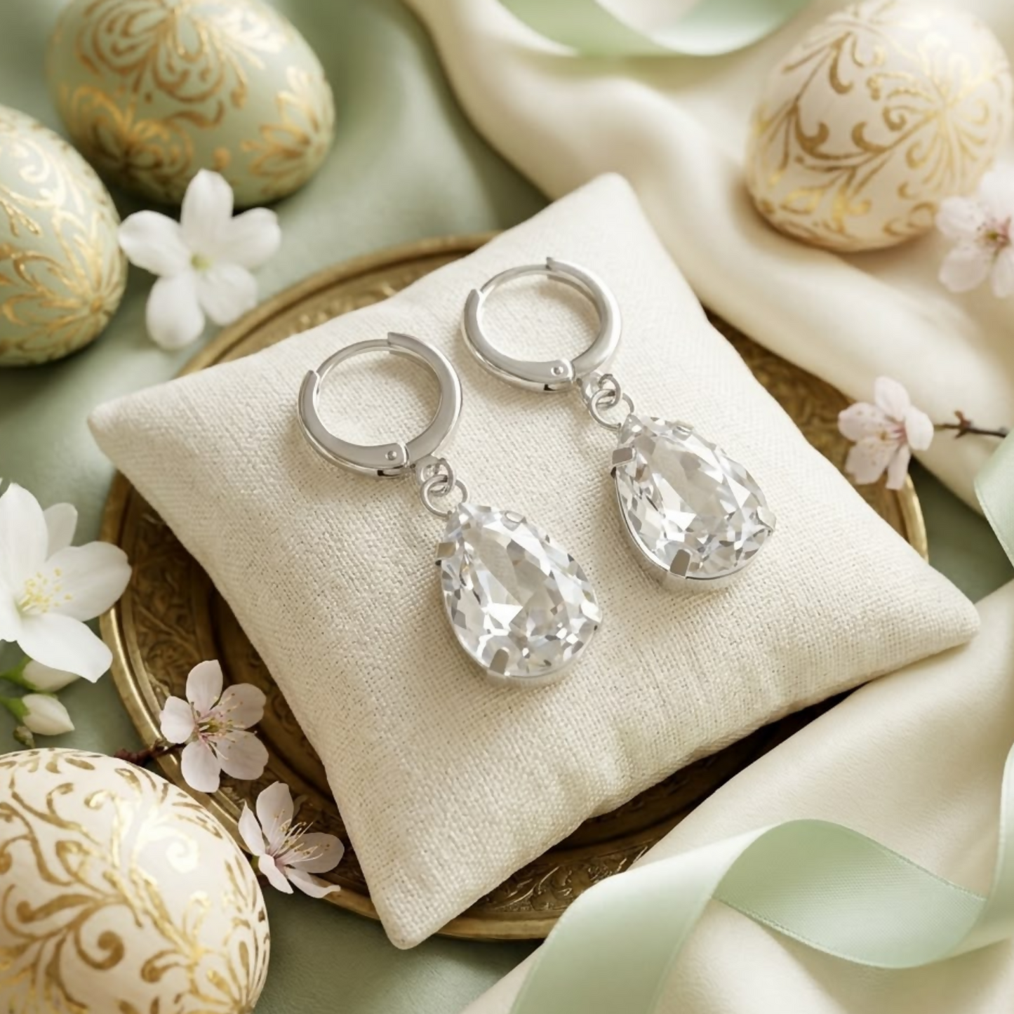Silver teardrop crystal earrings sit on a small cream pillow, surrounded by decorative eggs and white flowers.