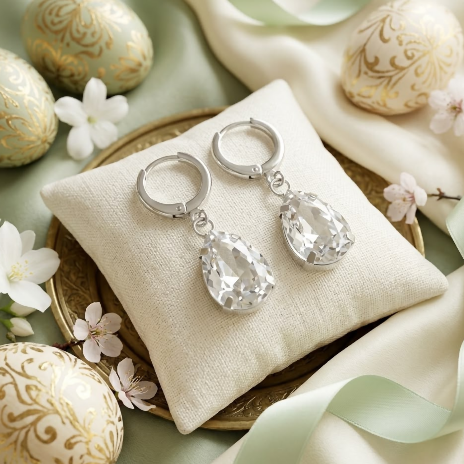 Silver teardrop crystal earrings sit on a small cream pillow, surrounded by decorative eggs and white flowers.