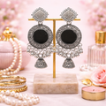 Oxidised Jhumka Earrings – Antique Silver with Black Stone Detail