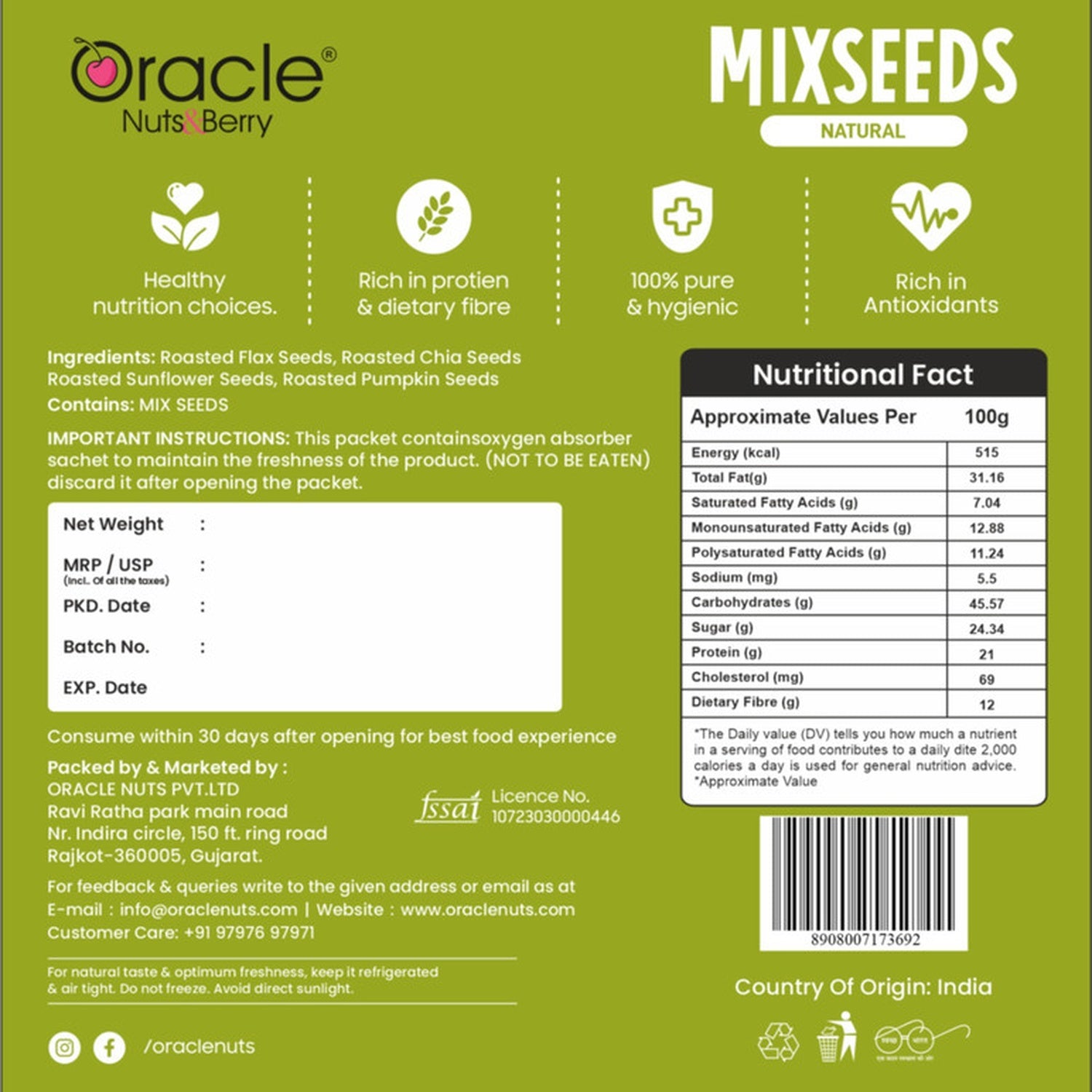 Hand holding a handful of Oracle's mix seeds, emphasizing natural goodness.