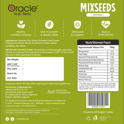 Hand holding a handful of Oracle's mix seeds, emphasizing natural goodness.