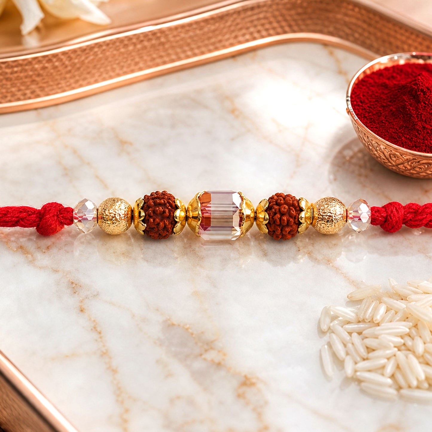 Red Thread Rakhi with Textured Rudraksha and Crystal Bead Pendant