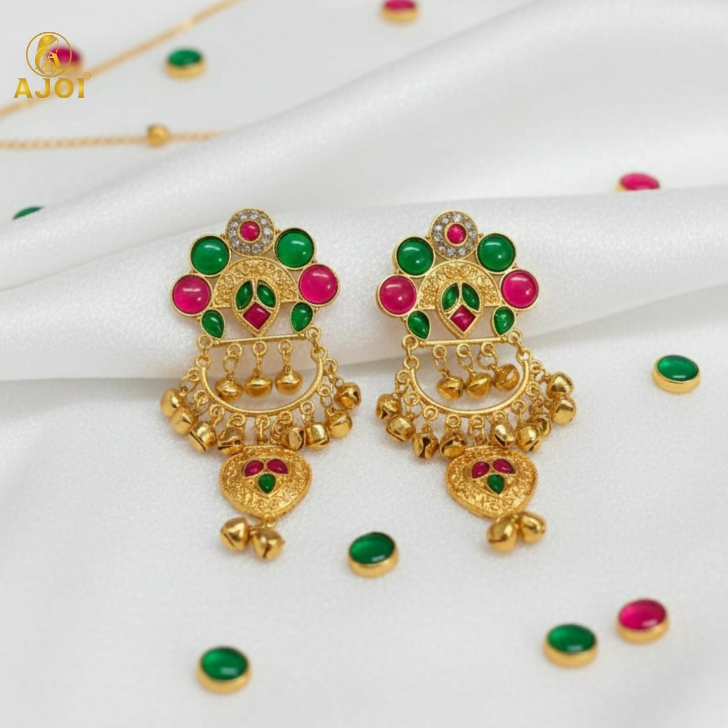 Kasmiri Gold-Plated Chandbali Earrings with Green & Pink Stones