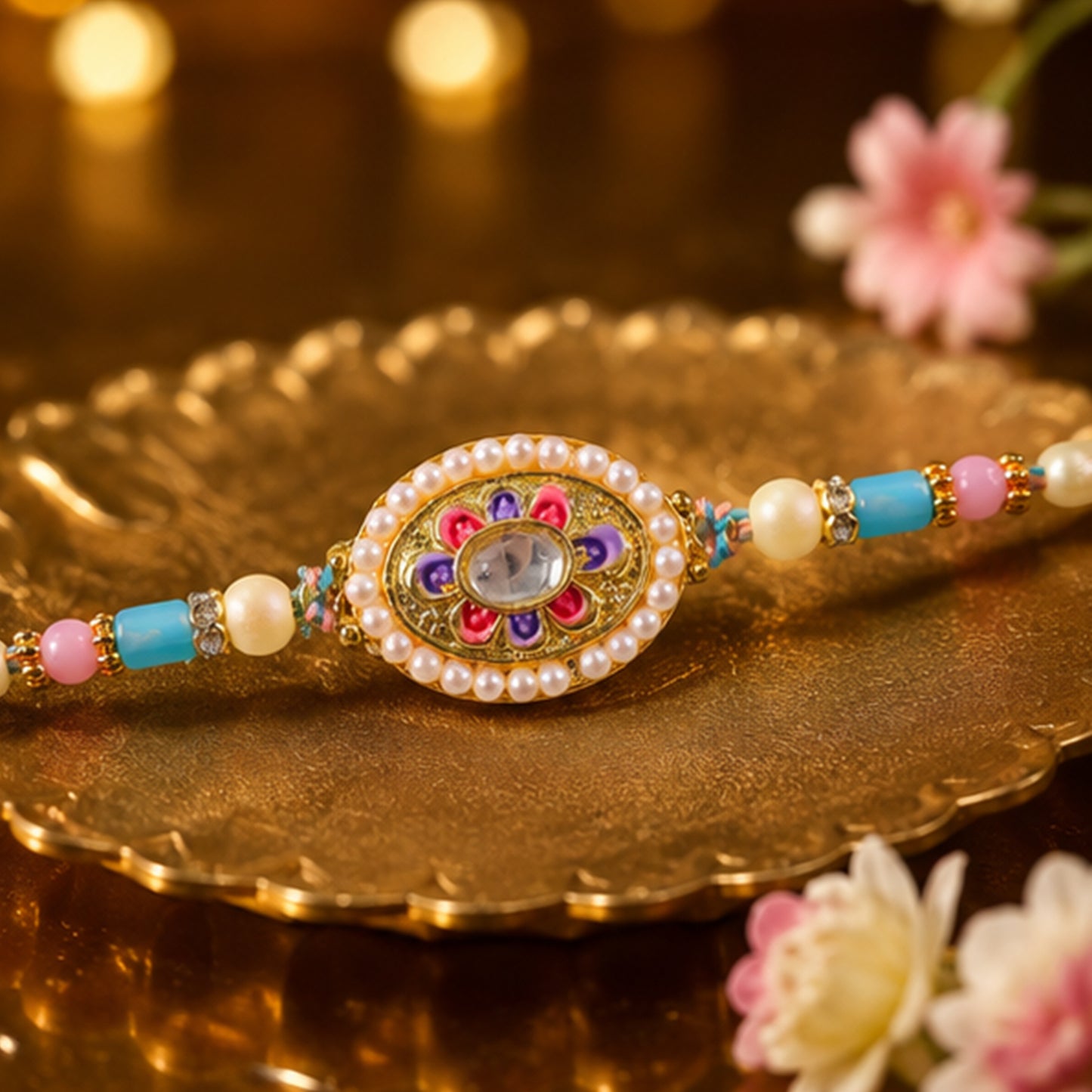 Pearl Bordered Oval Kundan Pendant Rakhi with Pastel Beads