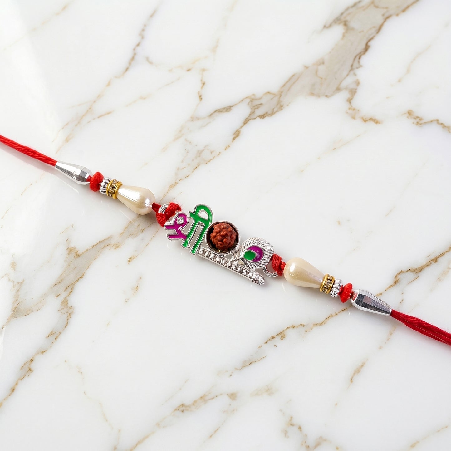 Colorful Shree Designer Rakhi with Rudraksha Center and Pearl Beads