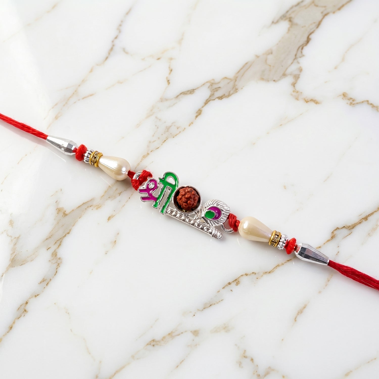 Colorful Shree Designer Rakhi with Rudraksha Center and Pearl Beads