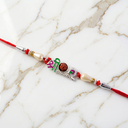 Colorful Shree Designer Rakhi with Rudraksha Center and Pearl Beads