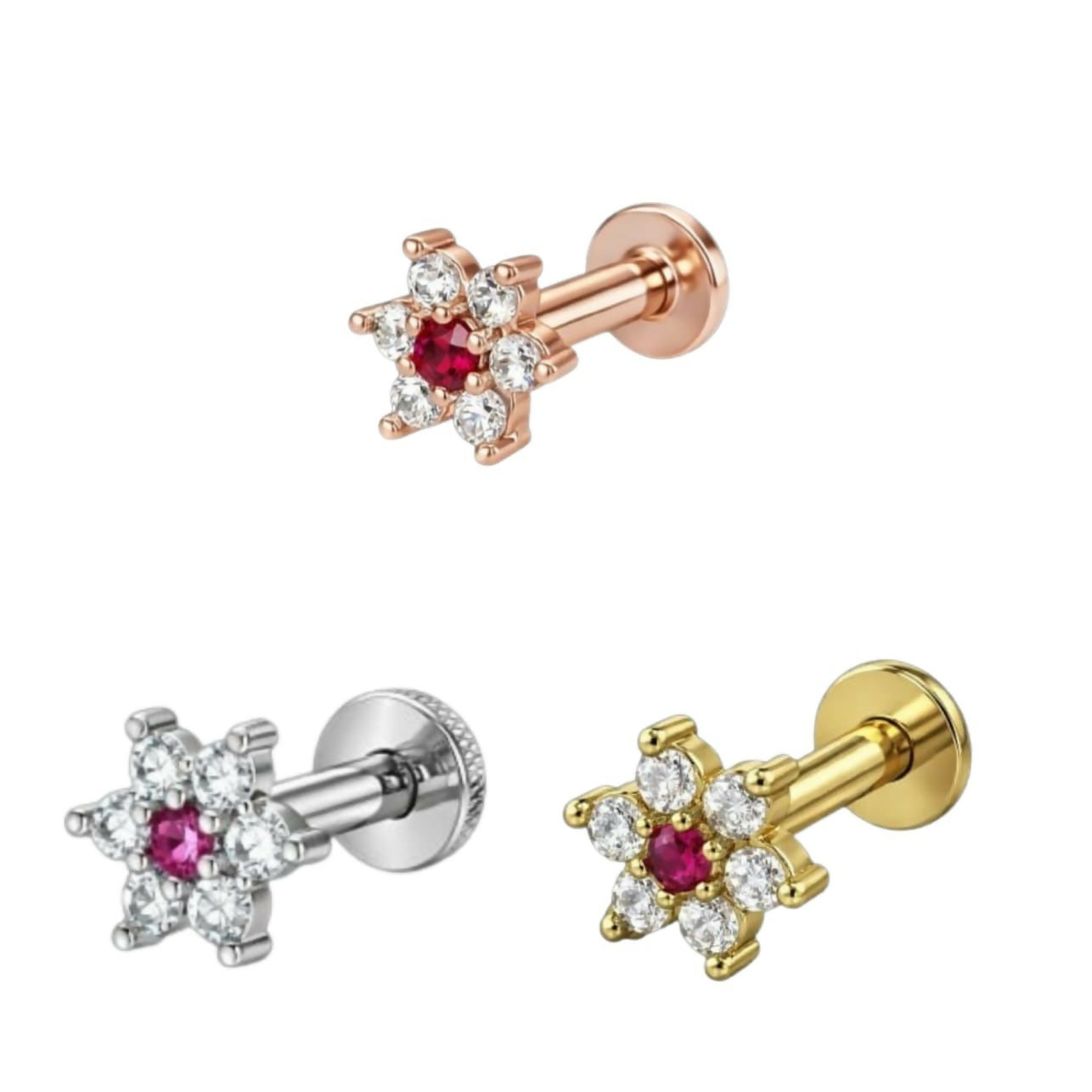 Gold, silver and rose gold plated Flower Ruby and AD nosepin Stud Combo Pack of 3