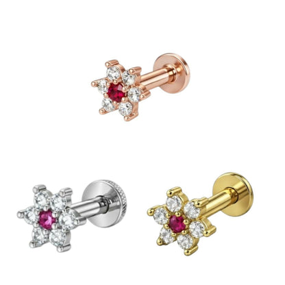 Gold, silver and rose gold plated Flower Ruby and AD nosepin Stud Combo Pack of 3