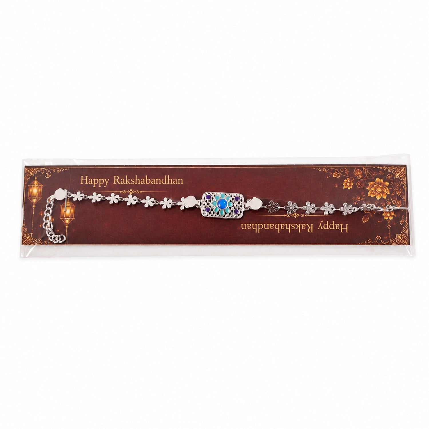 Rectangle Silver Studded Multicolor Enamel Floral Chain Rakhi