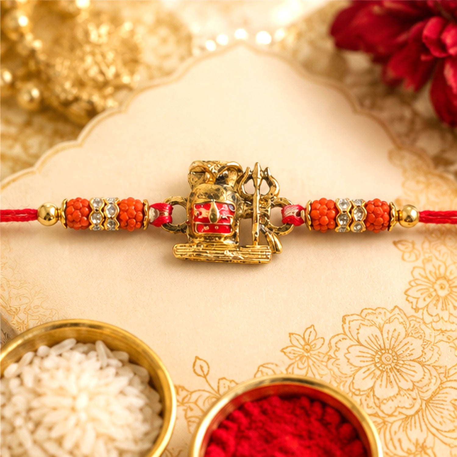 Shivling Trishul Devotional Rakhi with Golden Lord Shiva Centre and Orange Beads