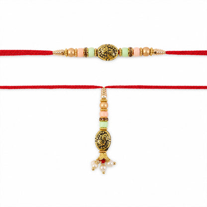 Divine Circular Medallion Bhai Bhabhi Rakhi with Oval Charm and Bead Accents for Gift