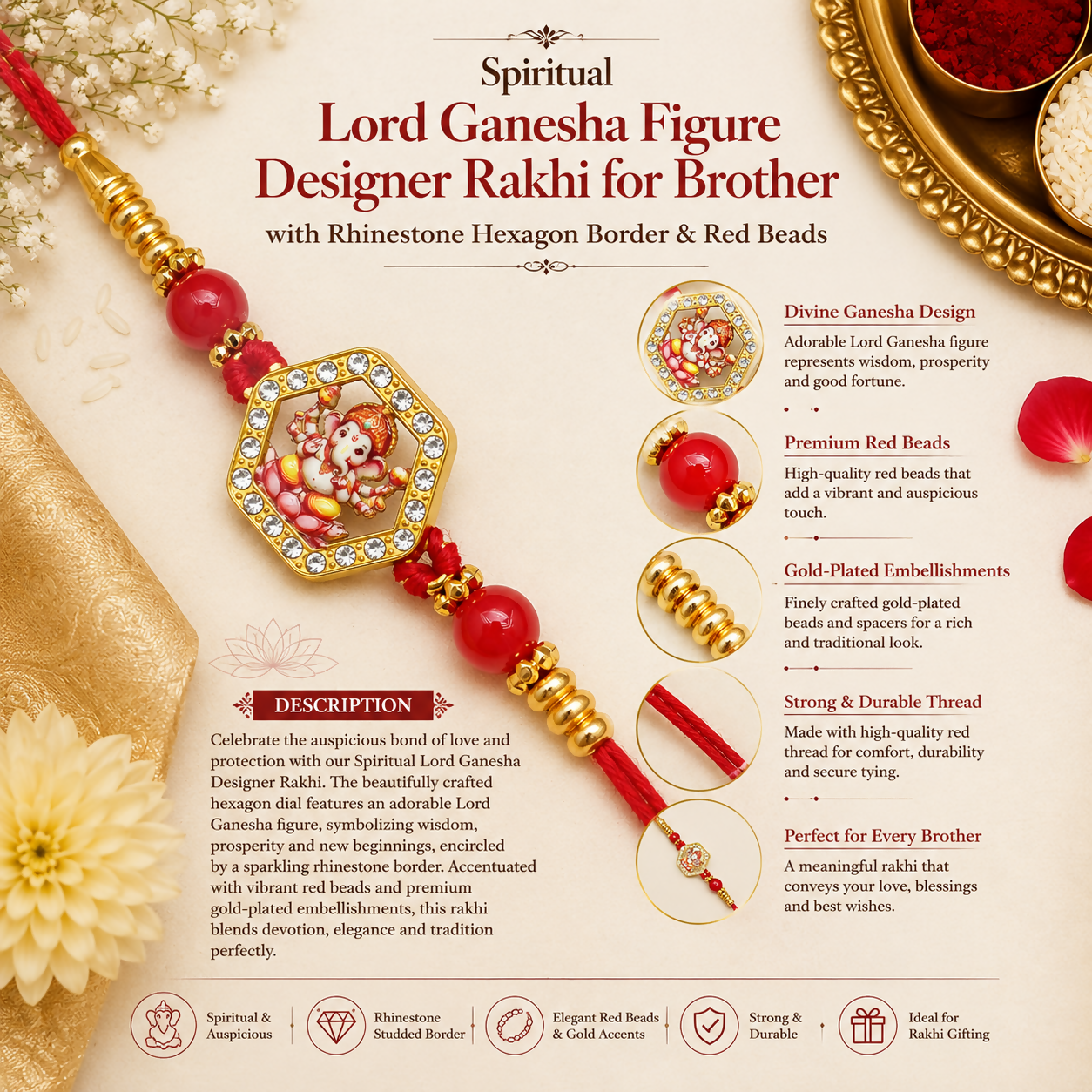 A red thread bracelet with a Ganesha figure charm and red beads is shown with descriptive text and close-up details.