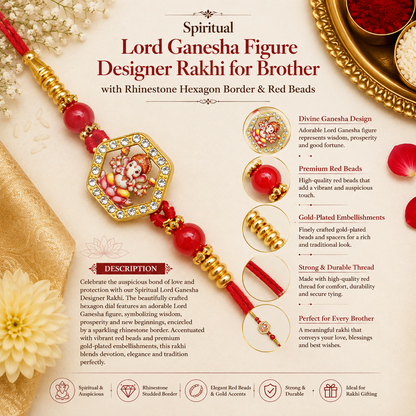A red thread bracelet with a Ganesha figure charm and red beads is shown with descriptive text and close-up details.