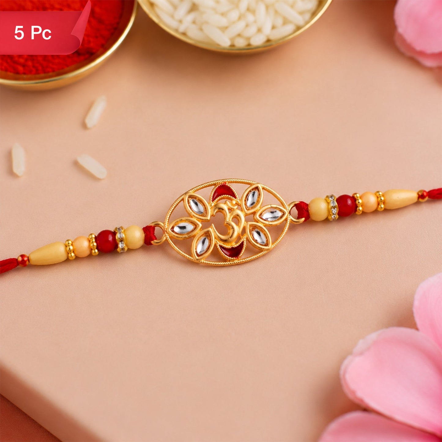 Om Kundan Rakhi Elegant Pearl Bead Design for Brother (5pcs)