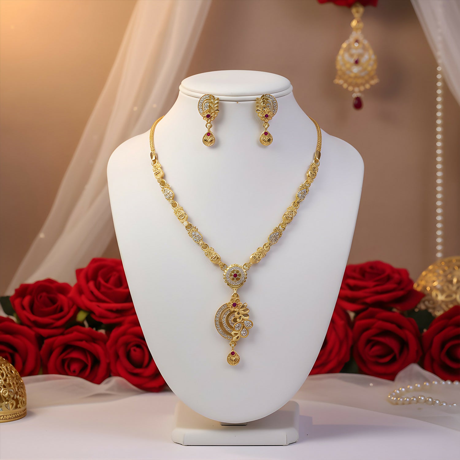 Premium Gold-Tone Ethnic Necklace Set with Floral Pendant Design & Matching Drop Earrings