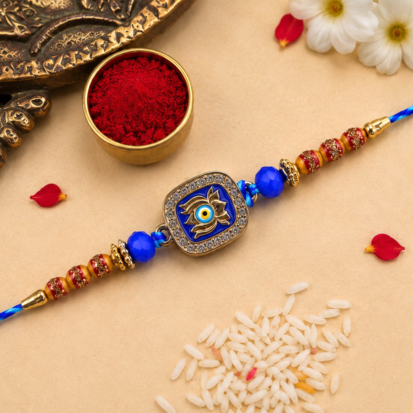 Lotus Nazar Evil Eye Cushion Studded Enamel Beads Designer Rakhi