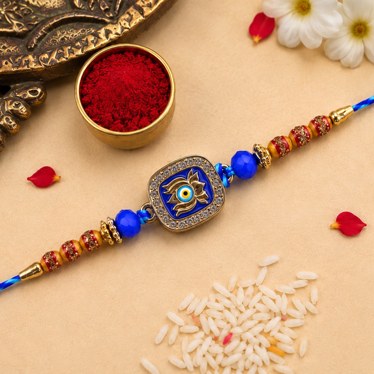 Lotus Nazar Evil Eye Cushion Studded Enamel Beads Designer Rakhi