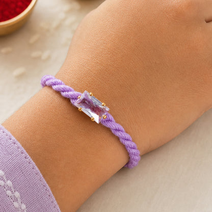 Purple Twisted Cord Rakhi with Rectangular Crystal Stone Pendant