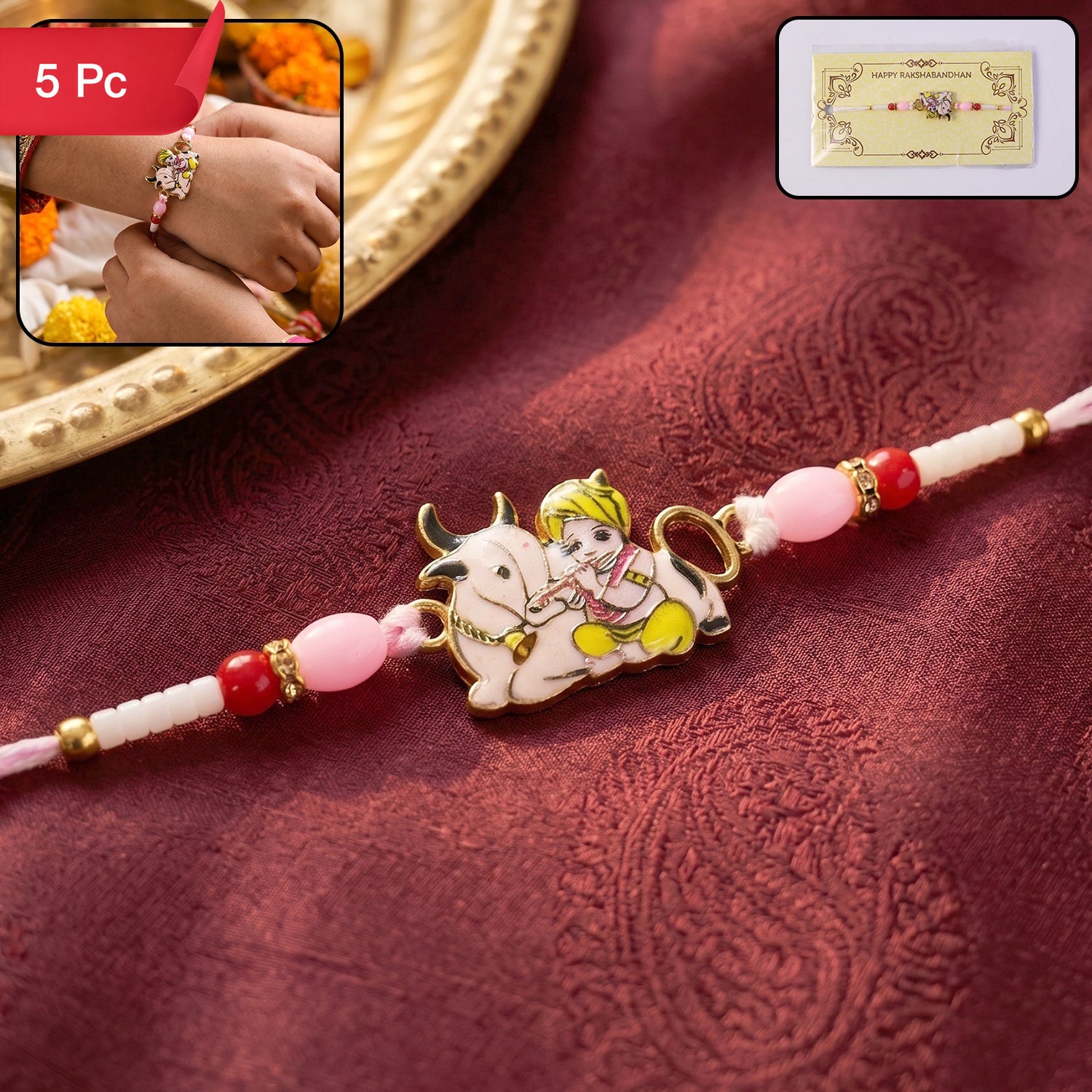 Krishna with Cow Designer Rakhi Traditional & Comfortable for Brother (5pcs)