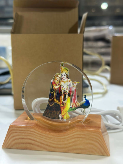 Radha Krishna Acrylic LED Lamp with Wooden Base | Night Light for Home Temple