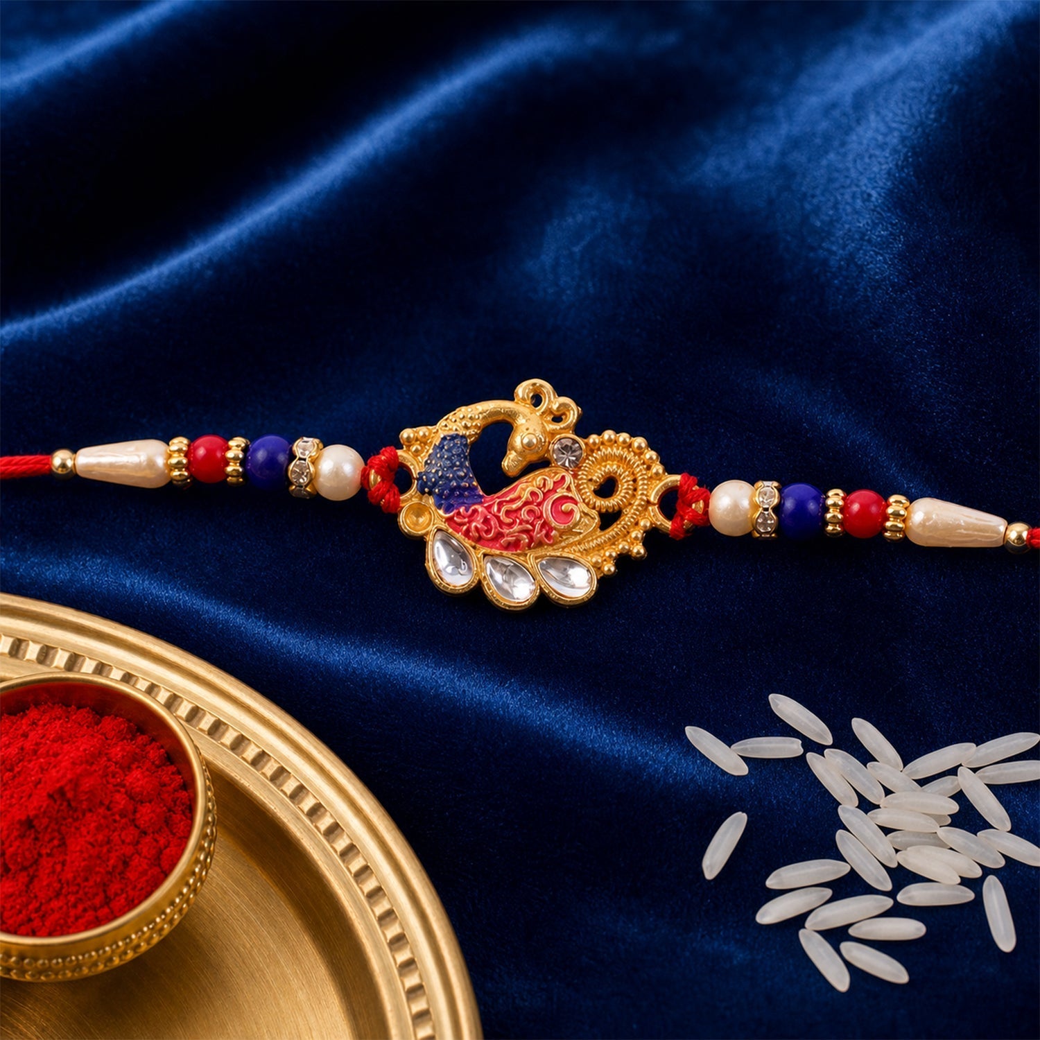 Peacock Kundan Beaded Designer Rakhi with Pearl Detail Work (5pcs)