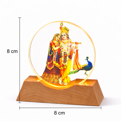 Radha Krishna Acrylic LED Lamp with Wooden Base | Night Light for Home Temple