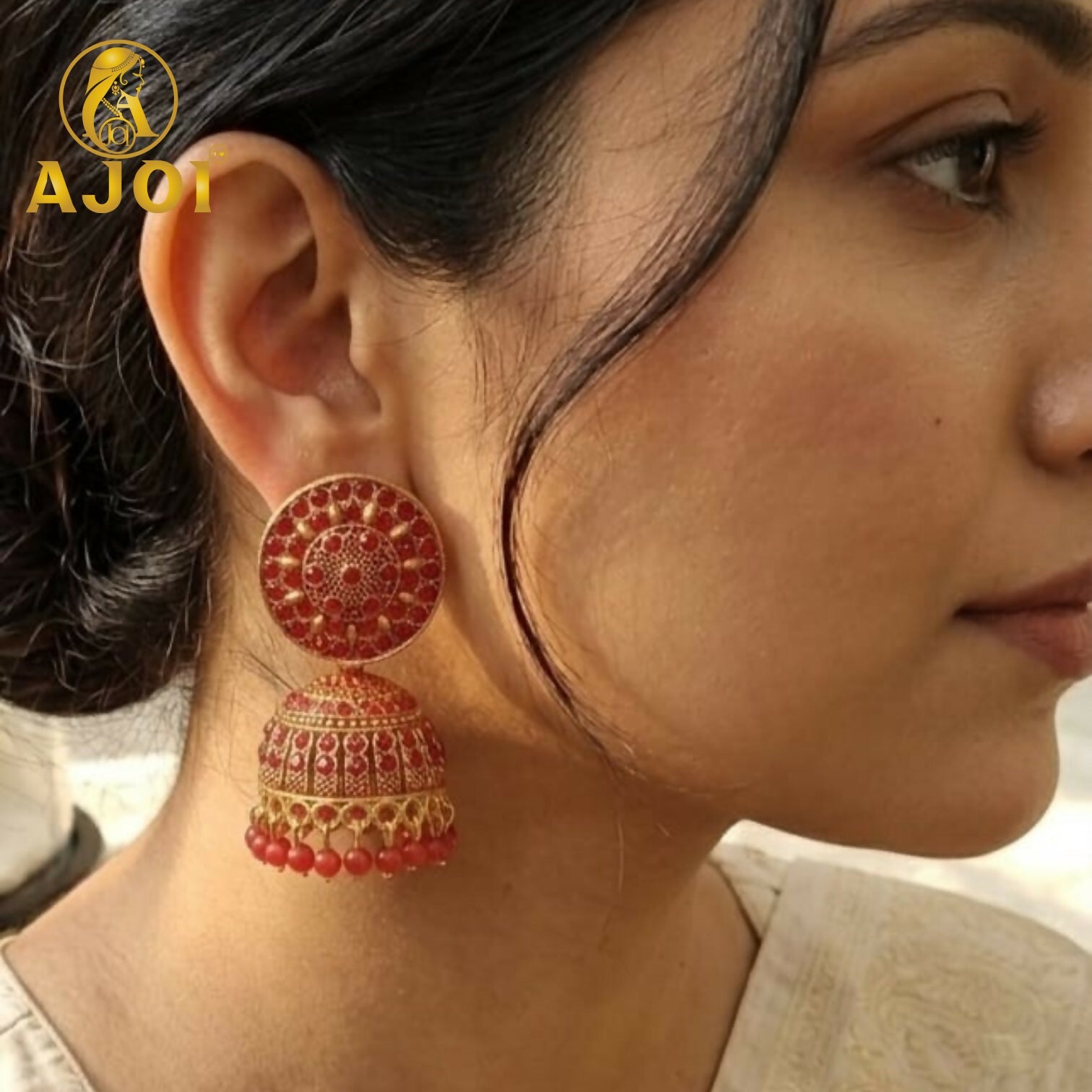Antique Gold Red Stone Jhumka Earrings Traditional Ethnic Jewelry