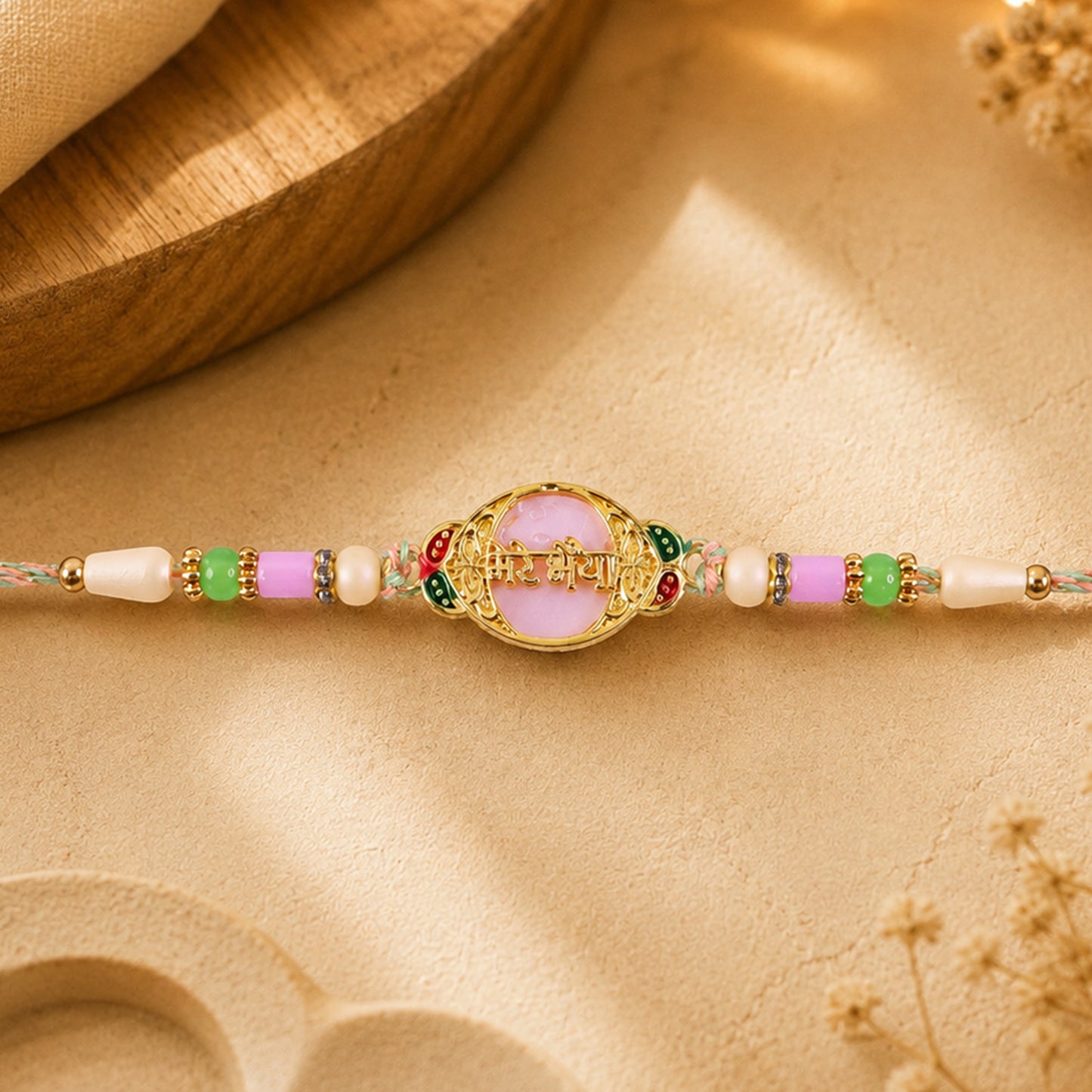 Mere Bhaiya Text Pendant Rakhi with Pearl Stone and Beads