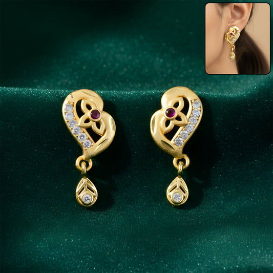 Decorative Leaf Pattern Gold Stud Earrings With Embedded Stones And Drop Element