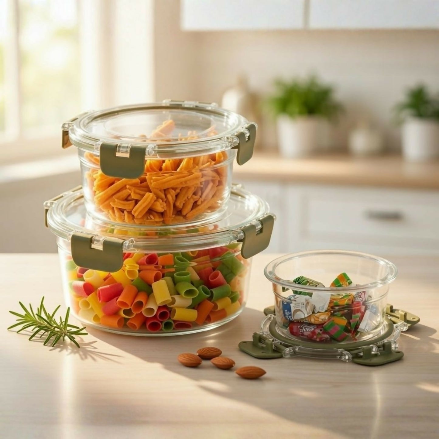 Three Oring airtight containers, various sizes, filled with food