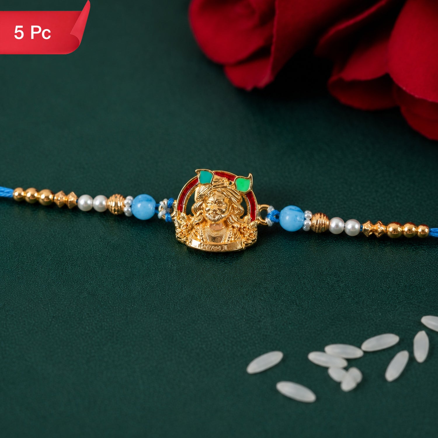 Gold-Toned Khatu Shyam Rakhi with Blue and Pearl Beads for Raksha Bandhan (5pcs)