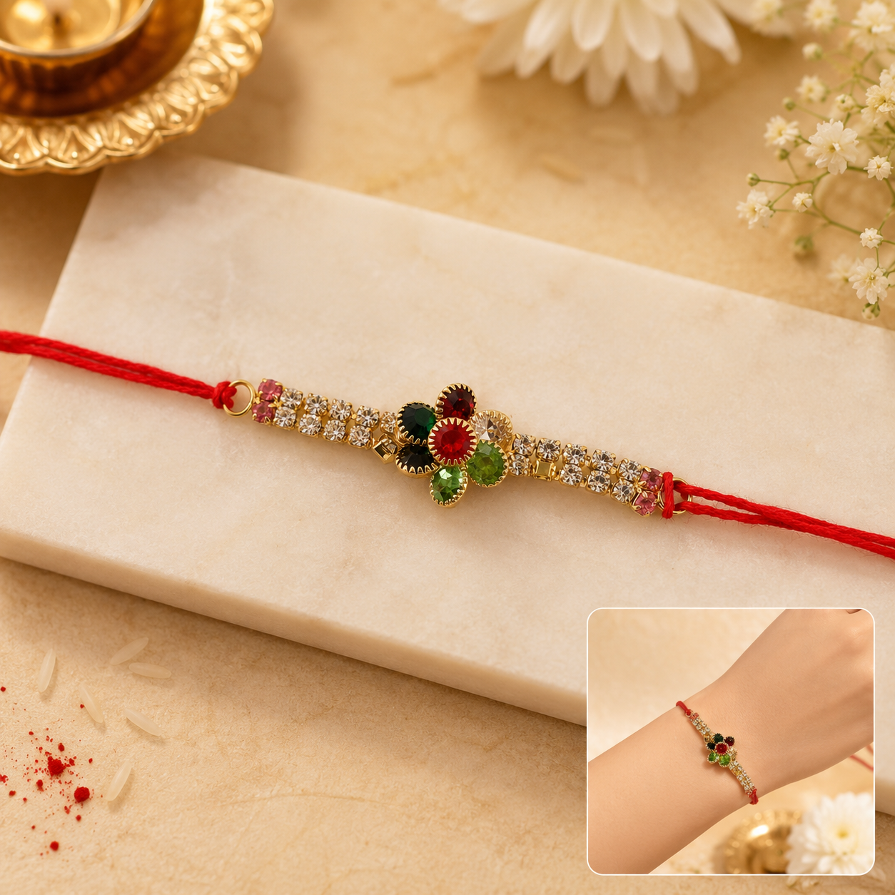 Multicolour Floral Kundan Rakhi with Red Green Center and Crystal Line