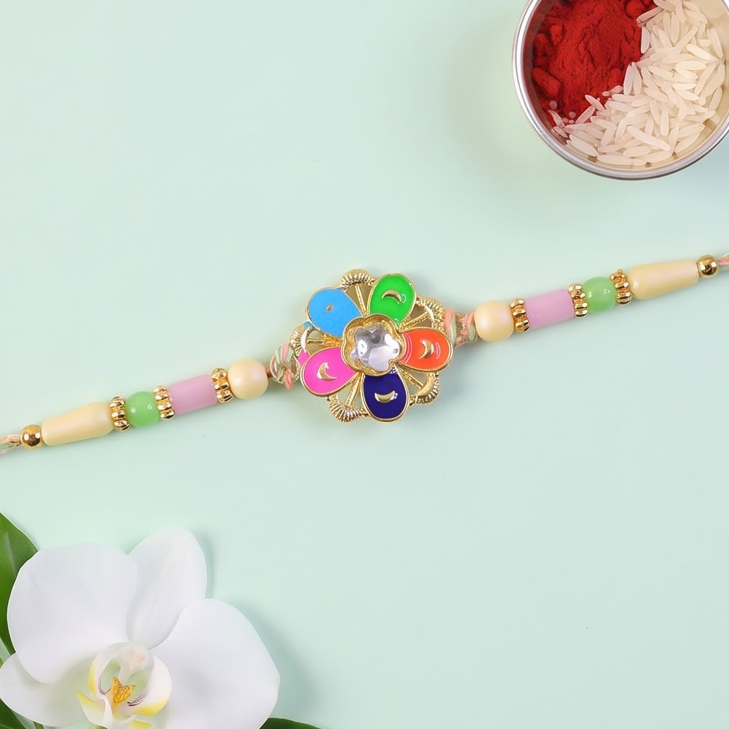 Multicolor Floral Kundan Pendant Rakhi with Pastel Beads