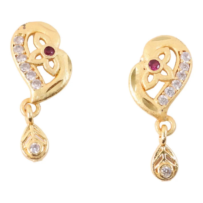 Decorative Leaf Pattern Gold Stud Earrings With Embedded Stones And Drop Element