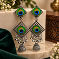 Krishna Peacock Feather Oxidised Jhumki Earrings – Square Woven Filigree Tiered Drops
