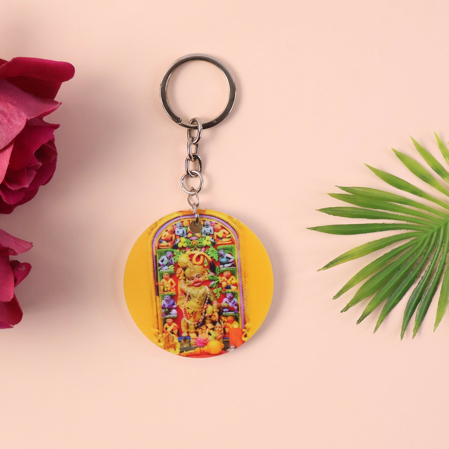 Hanuman Mandir Printed Round Keychain – Bright, Devotional & Lightweight Key Holder