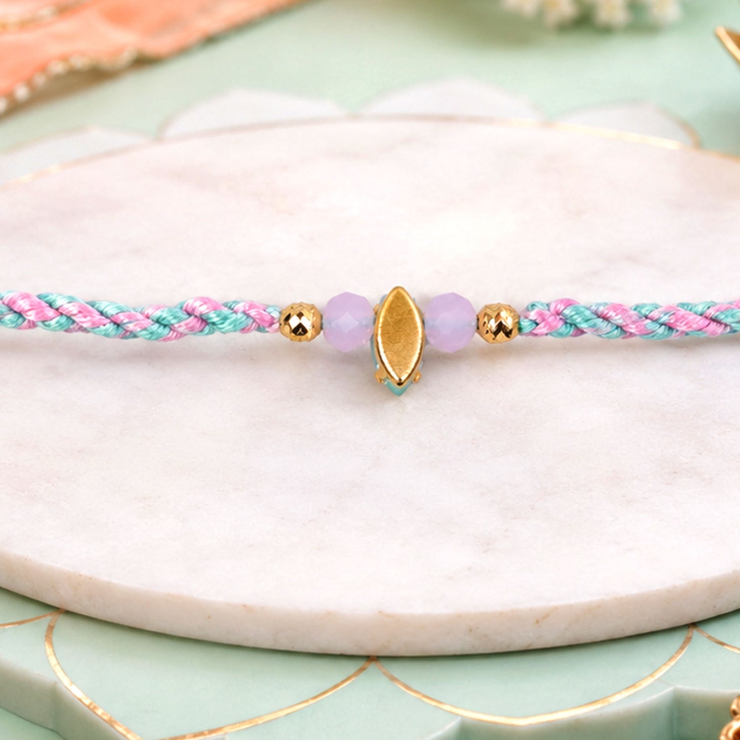 Beautiful Designer Rakhi with Studded Centre, Festive Beads and Raksha Bandhan Appeal