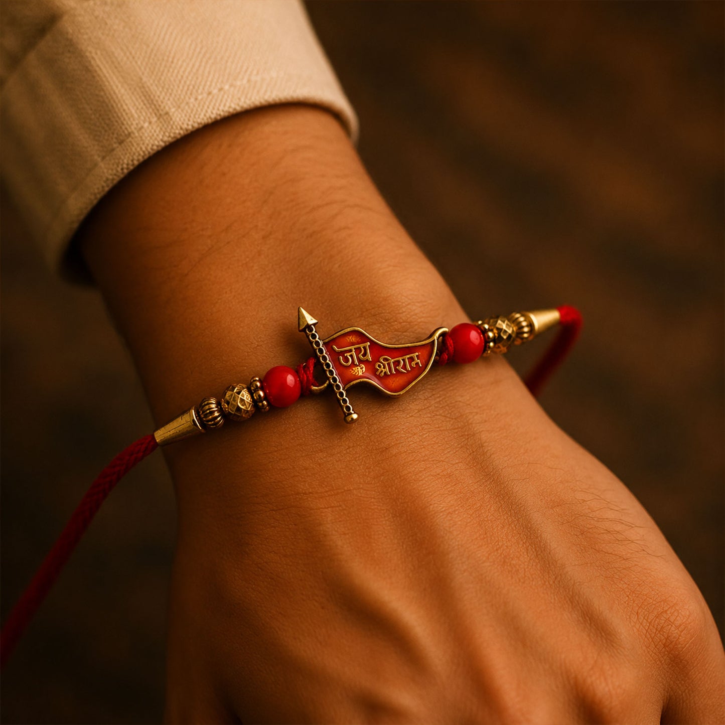 Jay Shree Ram Red Meenakari Flag Rakhi with Gold Beads and Mauli Thread