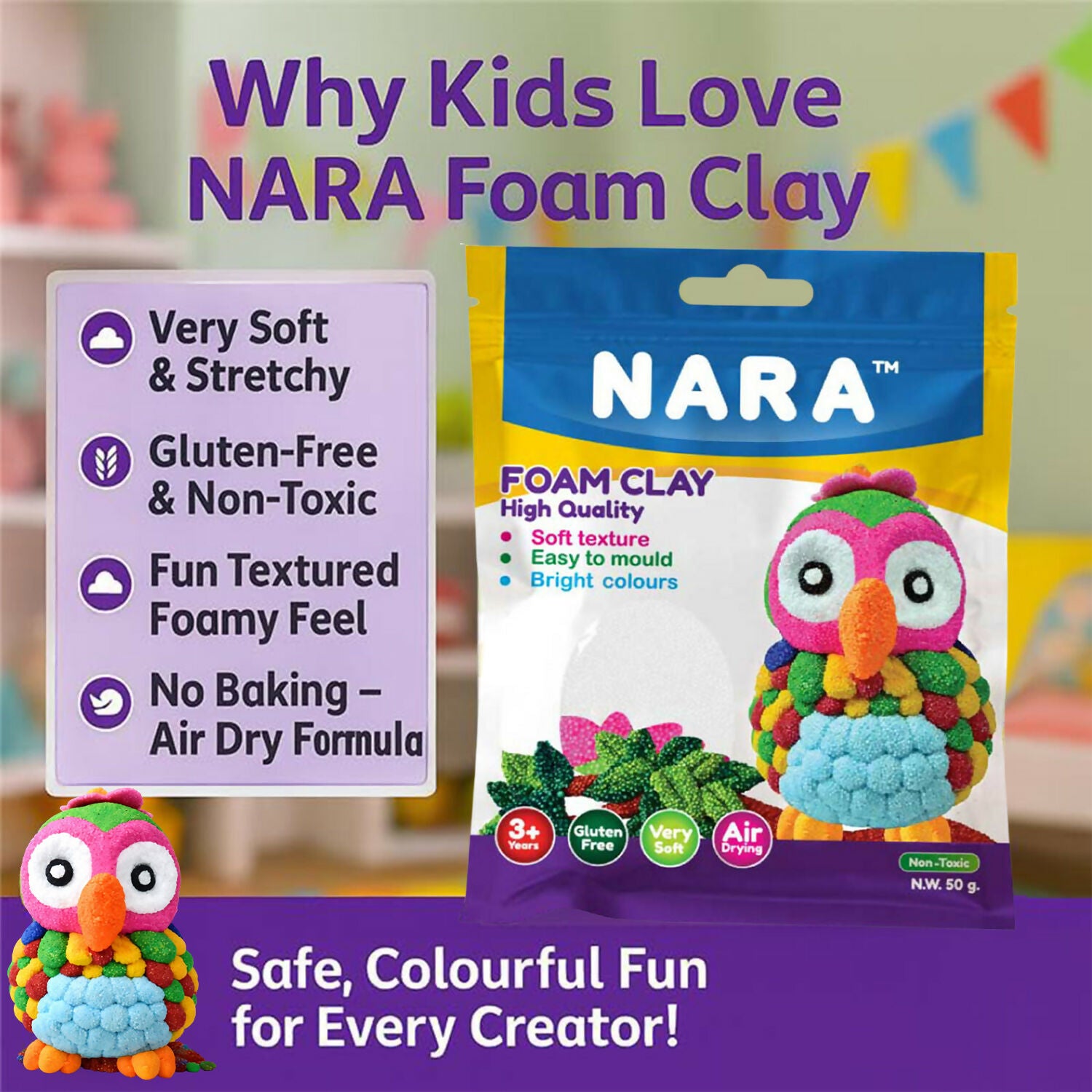 NARA Soft Foam Modelling Clay, Air Dry Non-Toxic DIY Creative Craft Clay for Kids Art (50Gm)