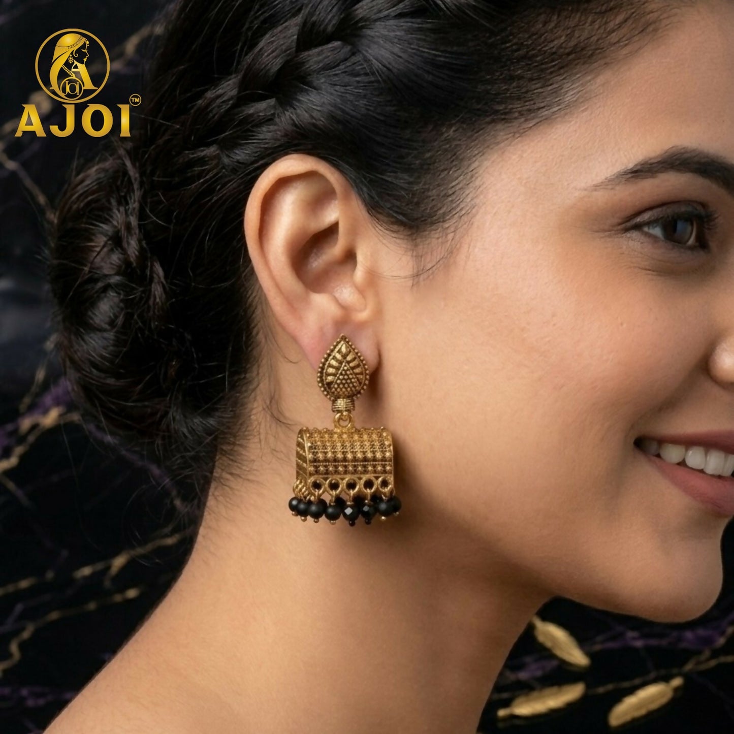 Antique Gold-Plated Leaf Design Jhumka Earrings with Black Bead Drops