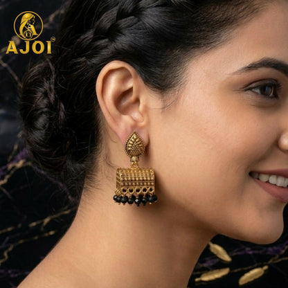 Antique Gold-Plated Leaf Design Jhumka Earrings with Black Bead Drops