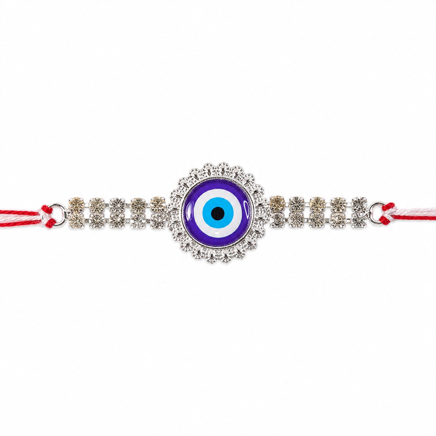 Premium Rakhi showcasing Evil Eye Charm, leaf touch and thread look for Gift Use
