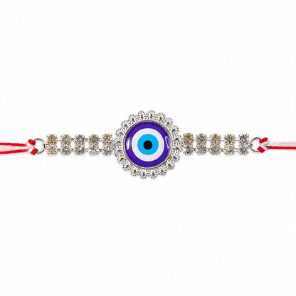 Premium Rakhi showcasing Evil Eye Charm, leaf touch and thread look for Gift Use