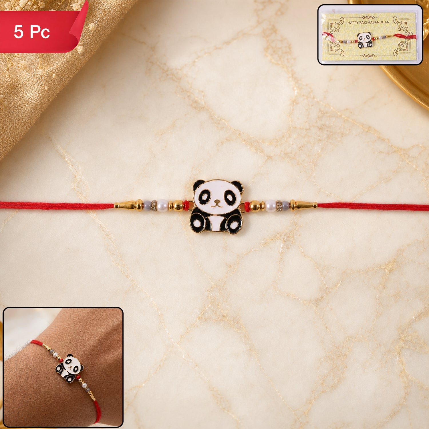Kids Rakhi Cute Panda Charm with Pearl Beads for Brothers (5pcs)